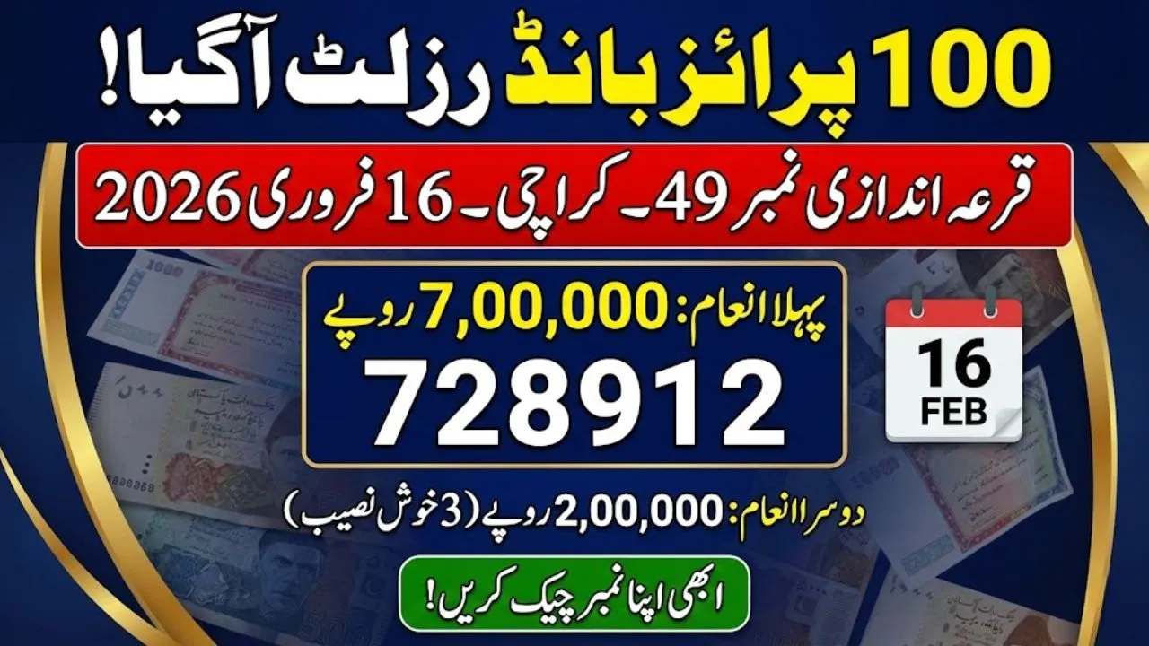 Winning Numbers for 100 Prize Bond Karachi – Draw No. 49 Results February 2026